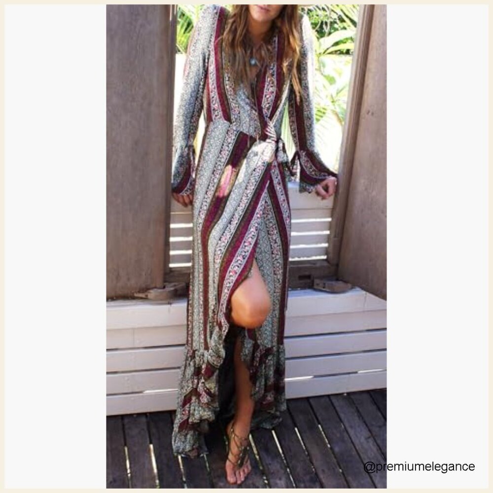 Long Sleeve Maxi Dress Wrap Tie V Neck Floral Boho Summer - Picture 2 of 7